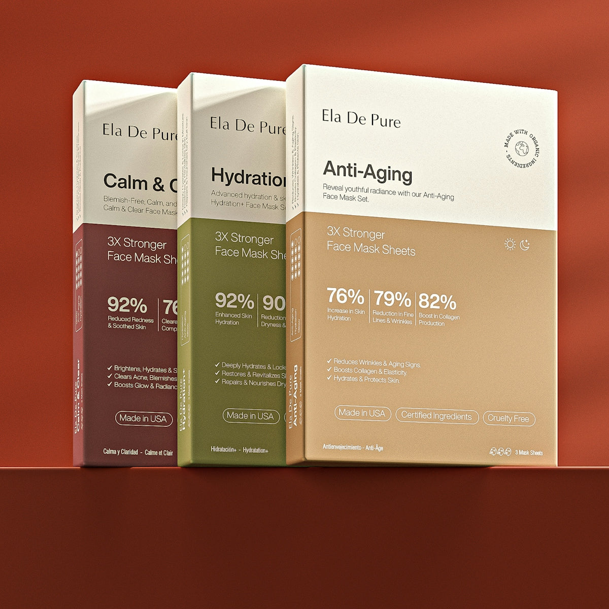 Face mask sheet boxes for various skin concerns are shown.