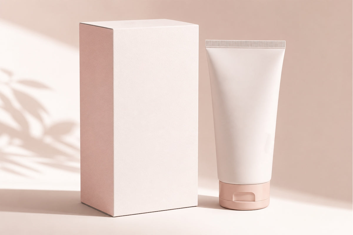 A pink box and a white tube of cream.