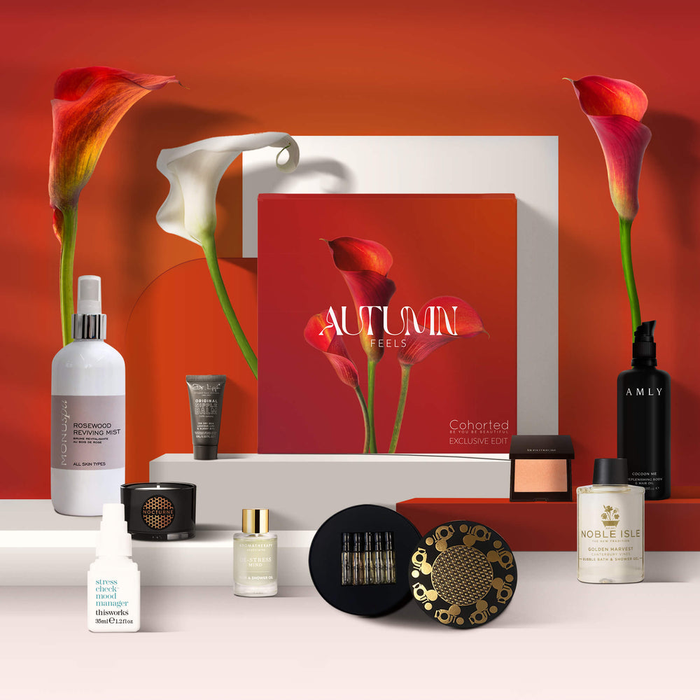 Cohorted, Autumn Feels, 3rd Edit, Limited Edition, Beauty Box, Edit, Seasonal, Fall, Makeup, Cosmetics, Skincare, Bodycare, Skincare, Luxury, Exclusive, UK, Aromatherapy Associates, Noble Isle, D'otto, Dr Lip, Monuskin, Parks Candle, Laura Mercier, Amly Botanicals, This Works
