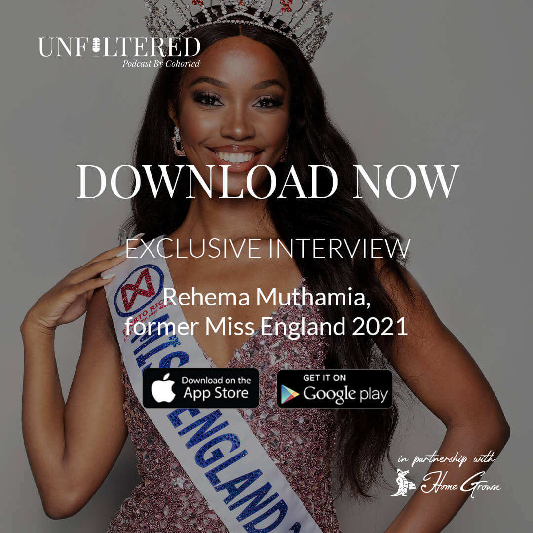 Cohorted, Unfiltered by Cohorted, Podcast, Download Now, Rehema Muthamia, App, Miss England, 2021
