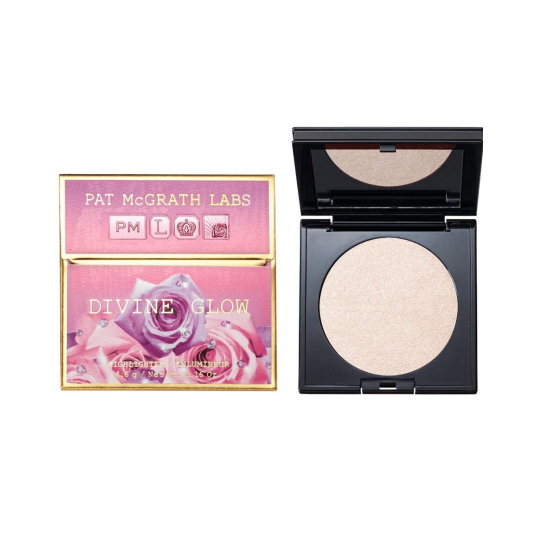 Pat McGrath Labs Divine Glow PM makeup compact shown closed with its pink rose-themed box on the left, and open to reveal a shimmering light beige pressed powder in a black square compact on the right, against a plain white background. Beauty box, Pat McGrath Skin Fetish Divine Glow Highlighter Lunar Allure, gift, uk