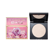 Pat McGrath Labs Divine Glow PM makeup compact shown closed with its pink rose-themed box on the left, and open to reveal a shimmering light beige pressed powder in a black square compact on the right, against a plain white background. Beauty box, Pat McGrath Skin Fetish Divine Glow Highlighter Lunar Allure, gift, uk