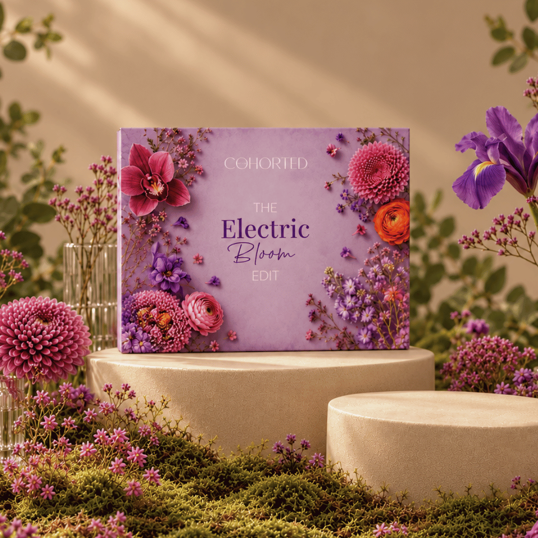 Cohorted The Electric Bloom Edit beauty box displayed on a cream pedestal, surrounded by purple and pink flowers in a botanical setting, beauty boxes, UK, Gift